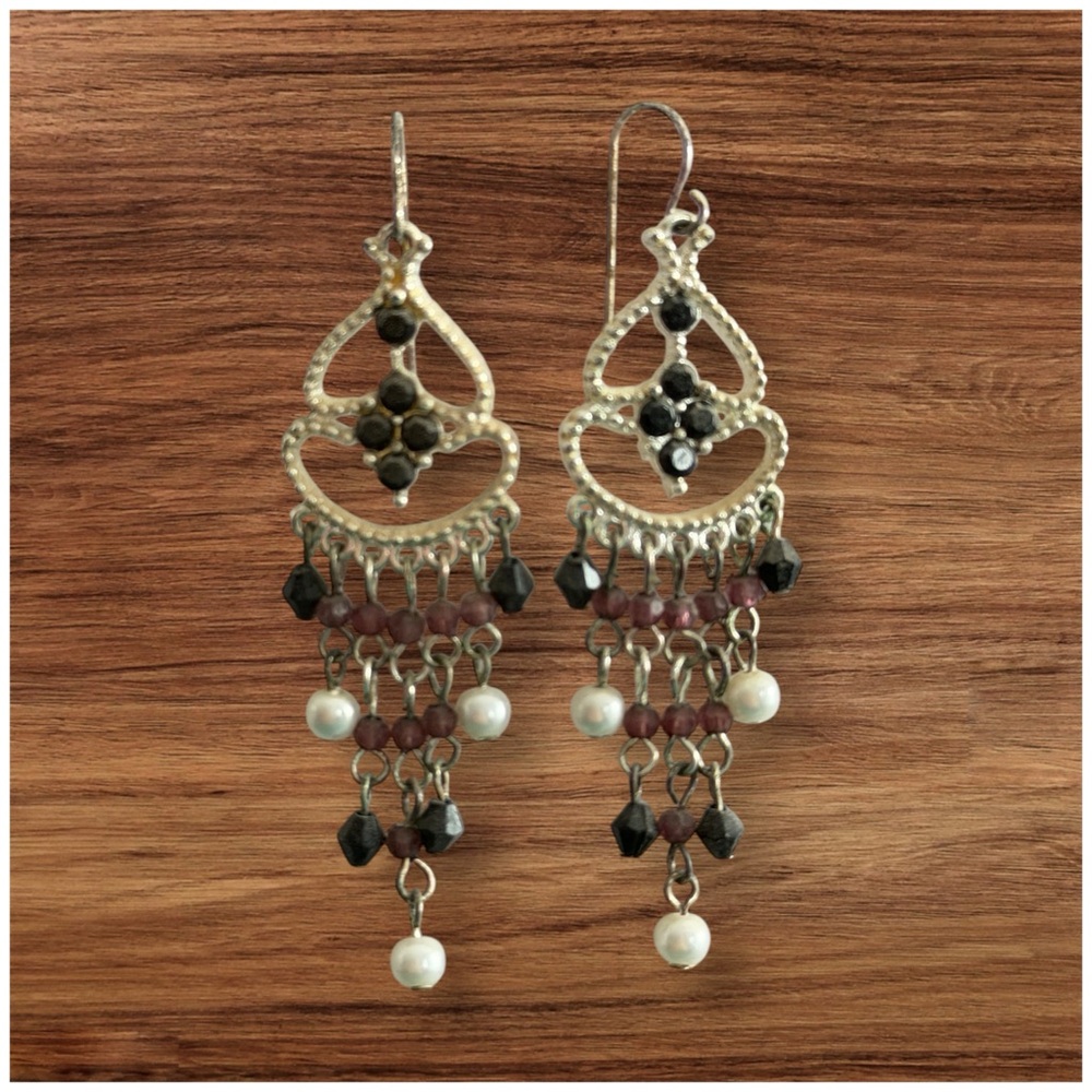 Silver-Tone Black and Pearl Chandelier Earrings
